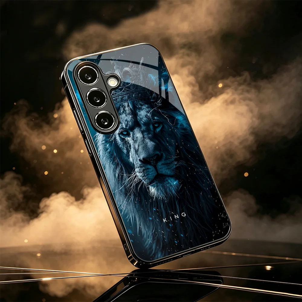 Creative Dark Blue Majestic Lion King Glass phone case for Samsung Galaxy S26 S25 S24 S23 S22 S21 Ultra FE Plus Anti-Drop Shock