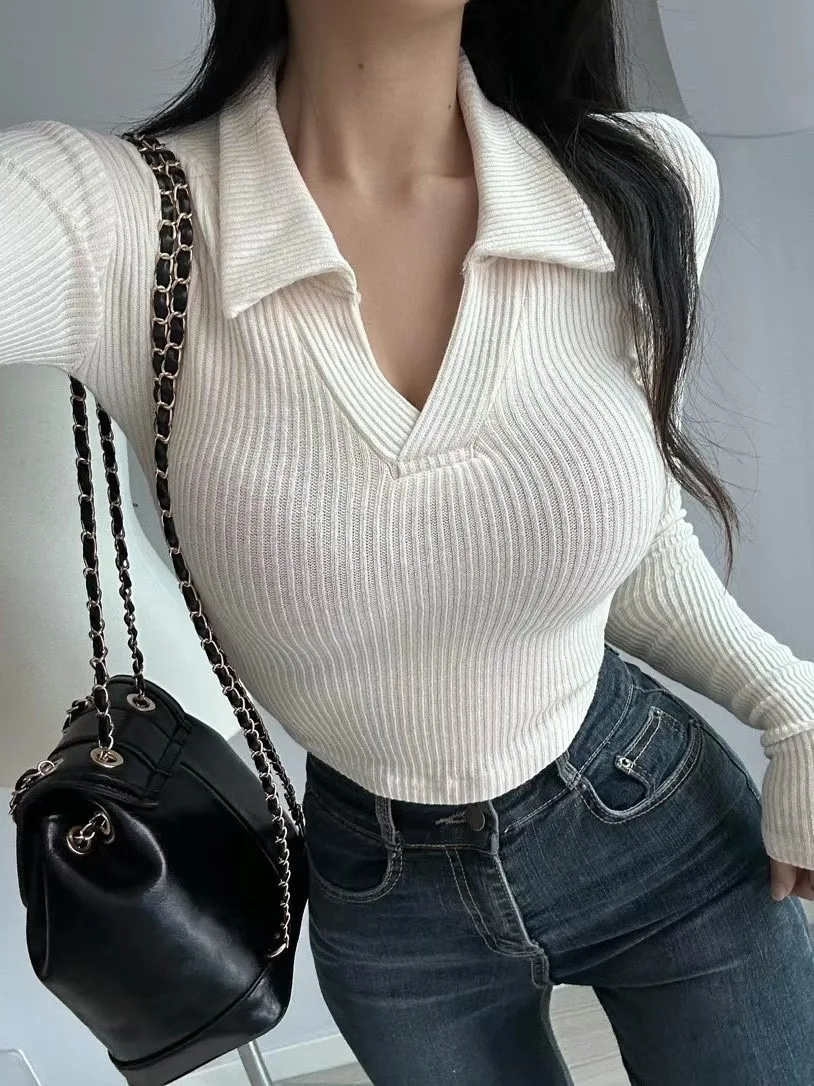 2024 Autumn/winter Korean Version New Polo Lapel Long Sleeve Pullover Women Cinching Waist Solid Slim Knitted Sweater QQVU