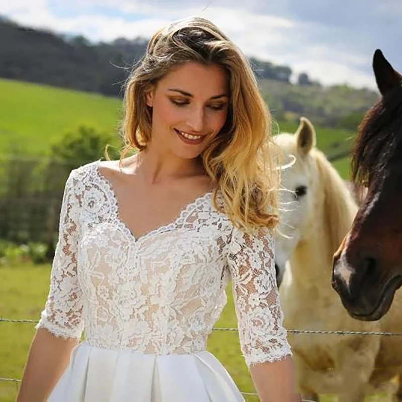 Abito da sposa corto su misura 2023 Robe De Soiree Vestidos Plus Size pizzo lunghezza al ginocchio sposa per essere Mariage mezze maniche