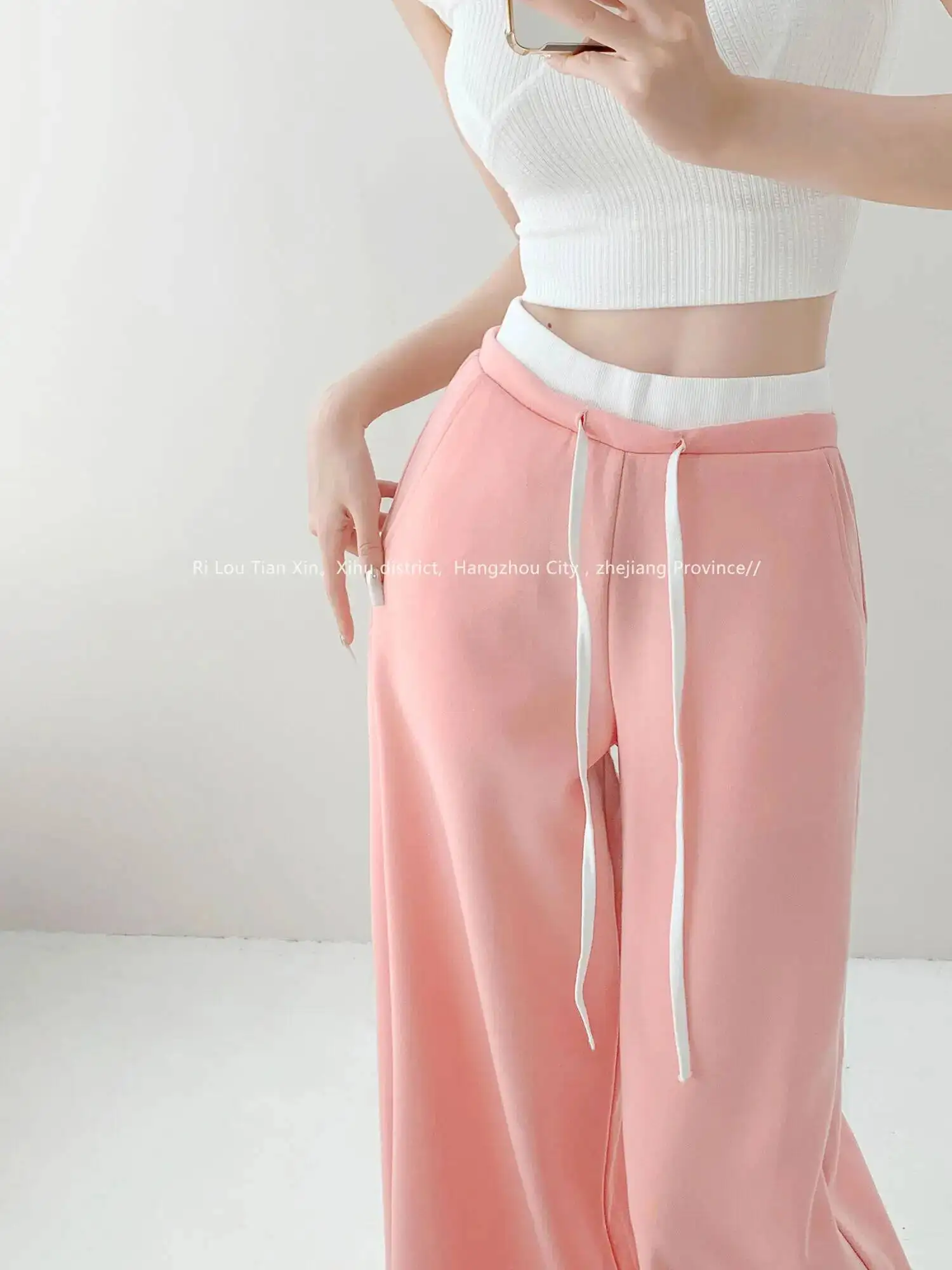 Spicy Girl Autumn New Contrasting Color Double Waist Drawstring Casual Pants Women Straight Tube Loose Floor Long PantsTGC9