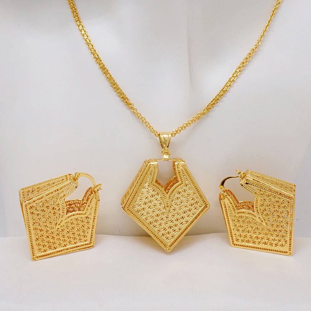 Trendy Dubai Unique Geometric Pendant Earrings & Necklaces For Women Gold Color Jewelry Sets Wedding Gifts Ethiopian Jewellery