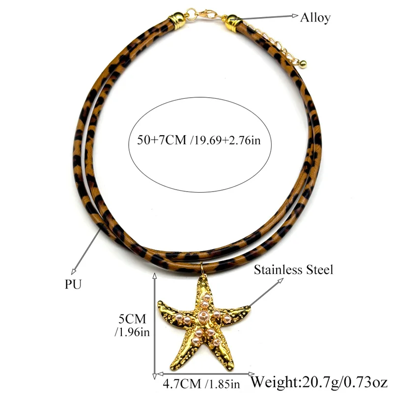 Stainless Steel Starfish Imitation Pearls Pendant Necklace Choker for Women Girl Gold Color Leopard Print Pu Chain Beach Jewelry