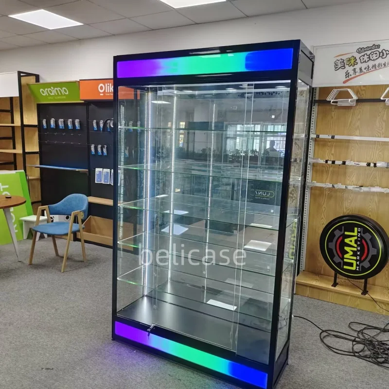 Custom, retail store window display cabinet with colorful LED lights aluminum frame showcase glass display for Smoke Shop