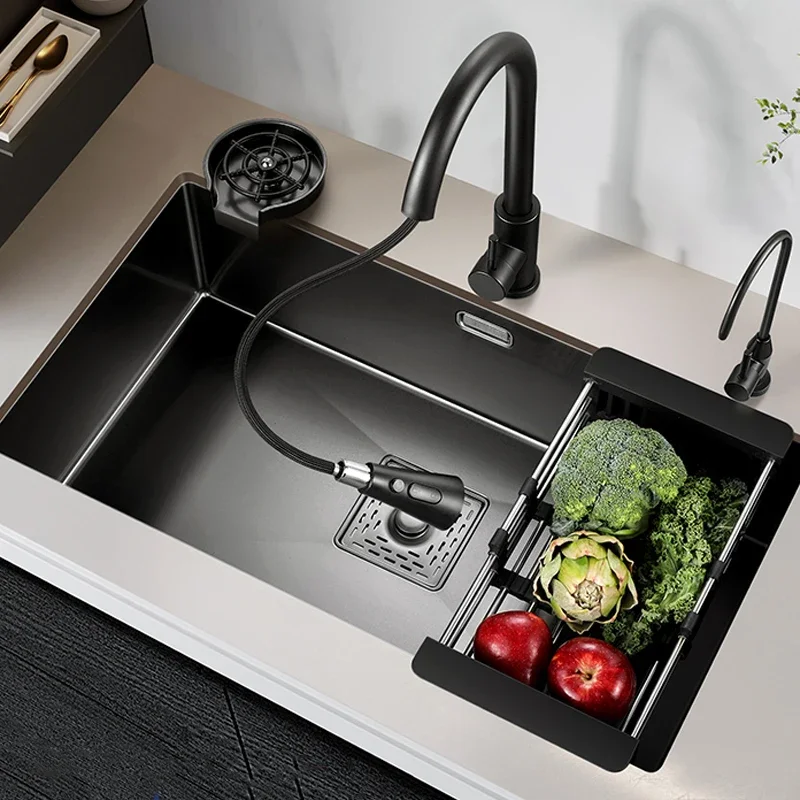 

Black Kitchen Wash Basin Nano Sink Large Single-slot 304 Stainless Steel Above Counter/Udermount Drain Faucet Accessories