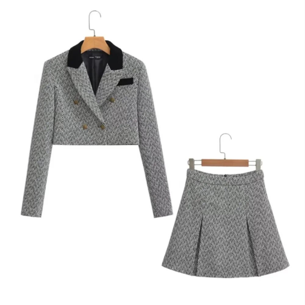 PB&ZA 2024 Spring New Women\'s Fashion and Elegance Commuting Versatile Short Woolen Suit High Waist Short Skirt Set