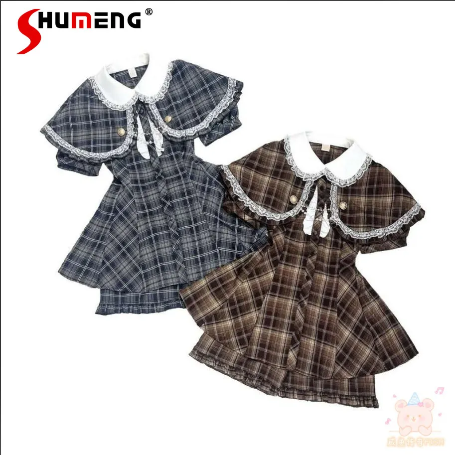 

Japanese Style Mass-Produced Doll Collar Cape Short Sleeve Single-Breasted Plaid Dress High Waist Shorts Two-Piece Sets Women
