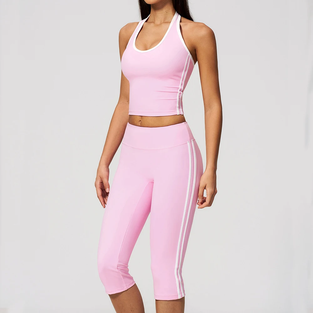 Capri Pants Set 2pcs Yoga Suit For Women Fitness Gym Clothes Halter Sports Bra Matching Impact Shorts Workout Set Gym Set Outfit