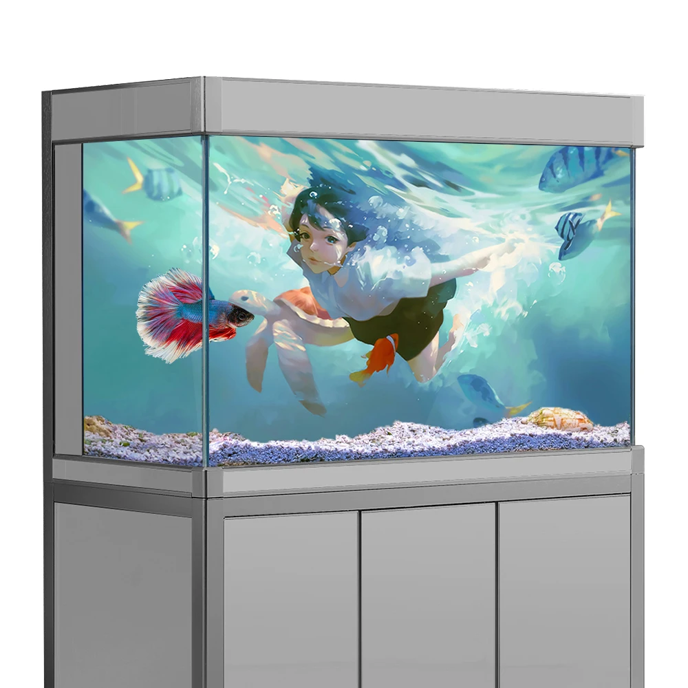 Aquarium Background Sticker,Mermaid Cartoon Cute HD Printing Wallpaper Fish Tank Backdrop Decorations PVC Landscape Poster