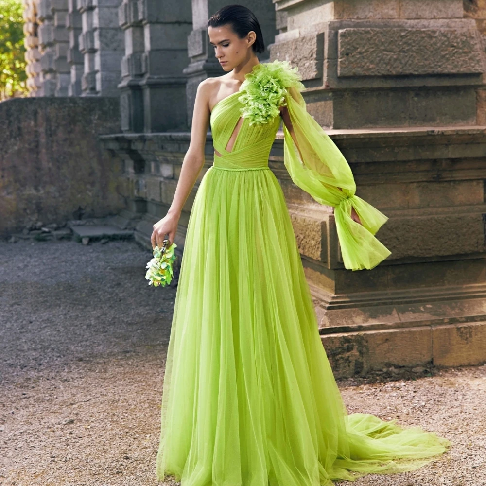 

Customized Tulle Flower Homecoming A-line One-shoulder Bespoke Occasion Gown Long Dresses