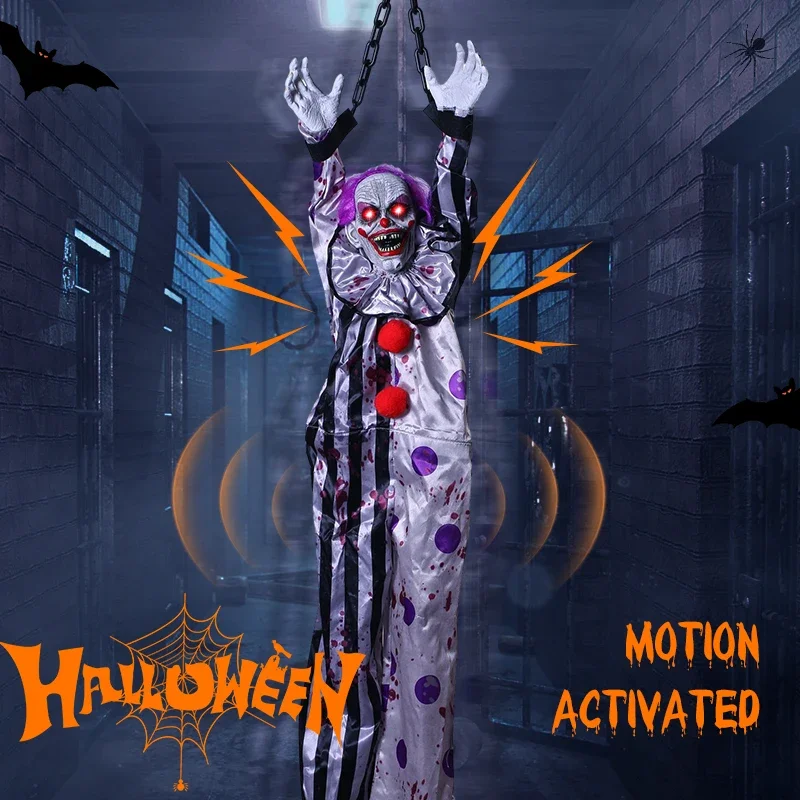 

Halloween Hanging Animated Decorations Talking Shaking Scary Clown with Chain Voice Control Outdoor Yard Haunted House Prop