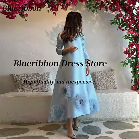 Blueribbon Evening Party Dresses Long Sleeves Birthday Party Dress Feathers Luxury Vestidos Prom Wedding Gowns Customized