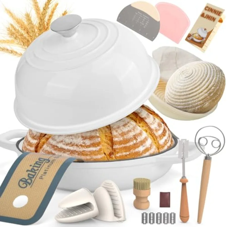 

5QT Enameled Cast Iron Dutch Oven with Lid 9Pieces Artisan Sourdough Baking Kit Banneton Basket Silicone Sling Scoring Lame Dou