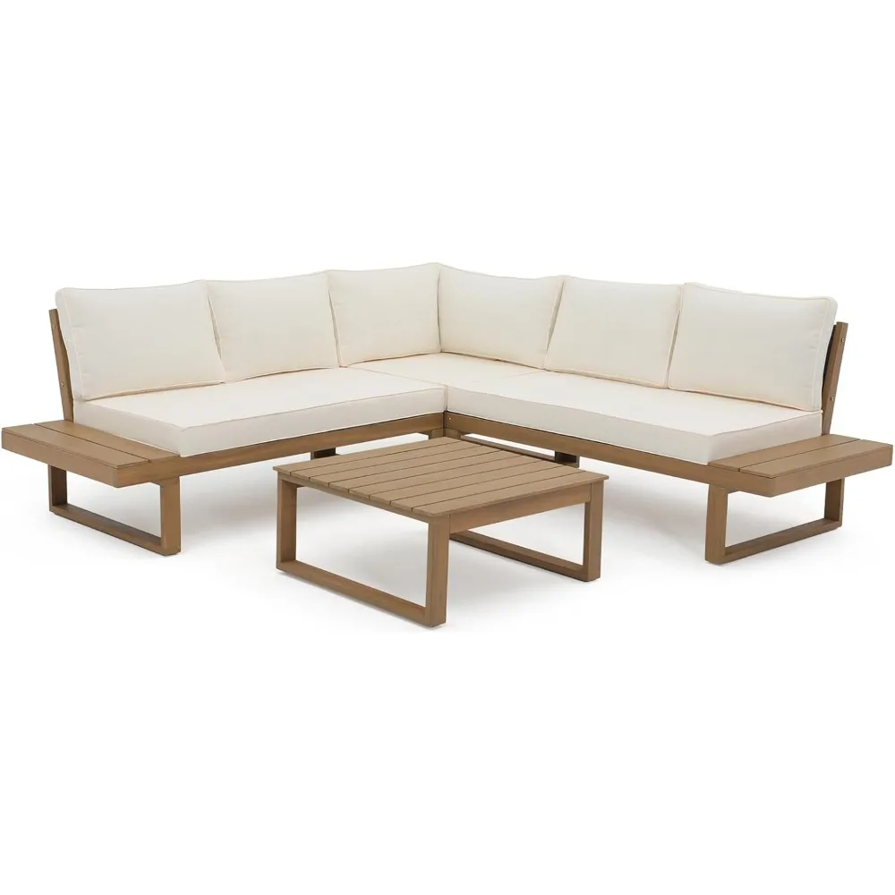 

L-Shaped Outdoor Sectional Sofa Set with Coffee Table, Acacia Wood, Patio Furniture, FSC Certified Conversation Set, 4 PCs