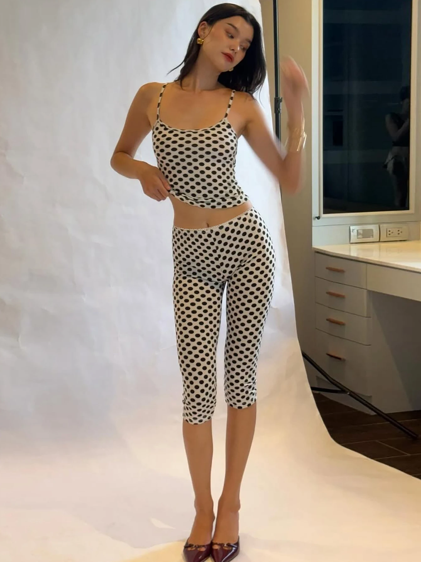 Dulzura Polka Dot Vintage Sexy Casual 2 Piece Pants Set Backless Crop Camisole Slim Long Pants Matching Set Party Street Clothes