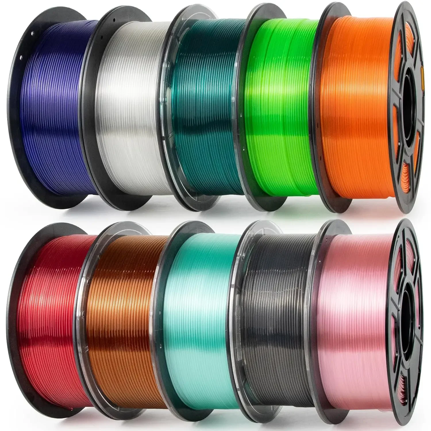 Clear PETG 3D Printer Filament 1.75mm 10kg Bundle | Excellent Light Transmission, 1kg Spool, 10 Rolls, Clear+Gray+Red+Orange+Blu