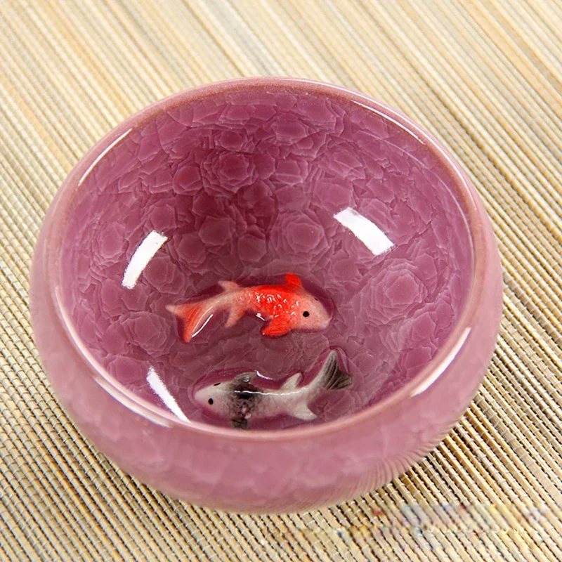 Creative 3D Ceramic Kung Fu Tea Set Embossed Pisces Koi Ice Cracked Glazed Travel Tea Bowl Chinese Porcelain Tea Cup Set