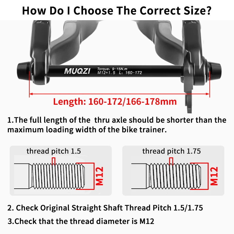 MUQZI Trainer Thru Axle Adapter M12 x 1.5/1.75 Thread 160-172mm 166-178mm Shaft Bike Wheels Quick Release Skewers