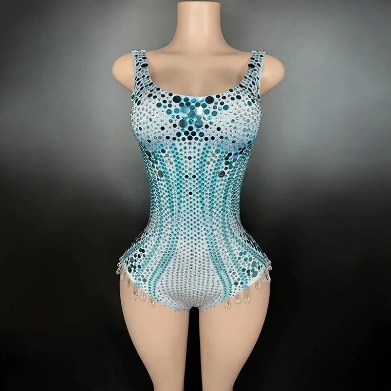 

Flashing Sequins Diamonds Crytrals Blue Sexy Bodysuit Evening Party Performance Costume Bar Nightclub Singer Dancer Stage Wear