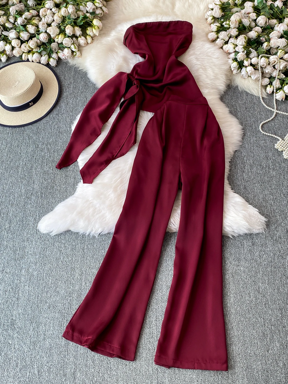 Elegant Satin Wrap Chest Bandage Sexy Waist Cinch Loose Long Pants Two Piece Set Fashionable Elastic Knot Top Women's Ensemble