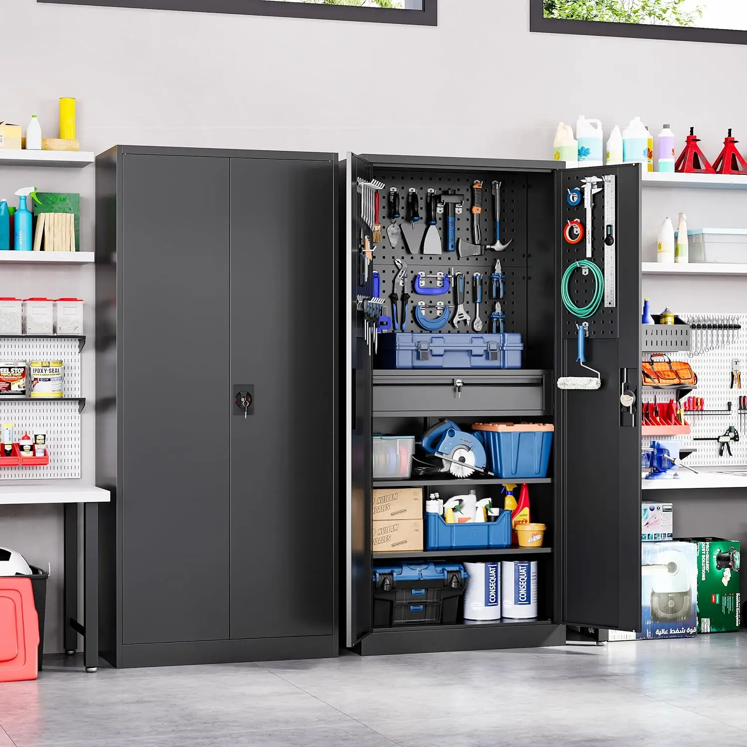 Yizosh Metal Basement Garage Storage Tool Cabinet with Locking Doors and Drawers Heavy Duty Steel with Pegboard (Black)