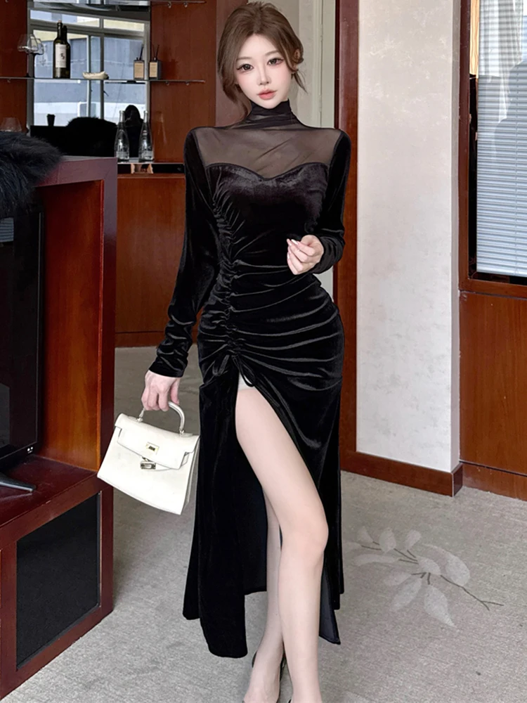 

Элегантное вечернее платье 2026 года: черное бархатное, с сетчатыми вставками, прозрачное, сексуальное, с длинным рукавом, облегающее, с разрезом, для весны и осени