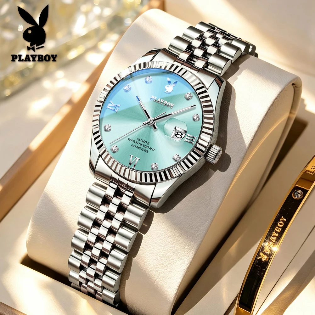 PLAYBOY 3558 Elegance Women Quartz Movement Watch Single Calendar Window Stainless Steel Strap 30m Waterproof Luminous Watch