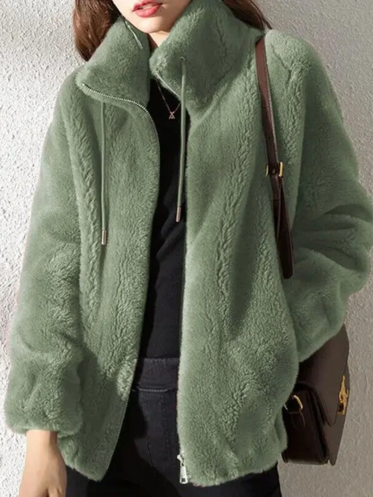 

Women's Pure Color Stand Collar Warm Jaet Street Sle Zipper Closure Long Sve Slim Fit Coat for Ages 25-29 Winter Wear
