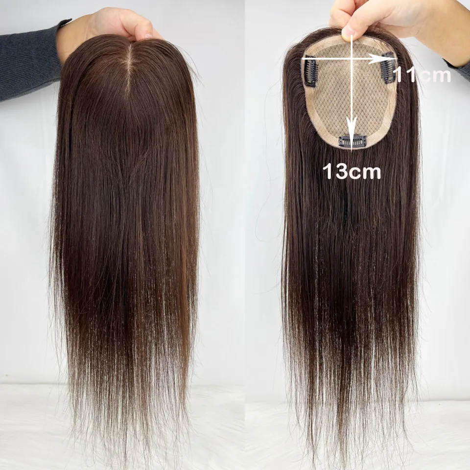 Toupee de cabello humano castaño oscuro de 11x13 cm, base de seda, tejido a mano, parte superior de seda, transpirable, con clips para mujer