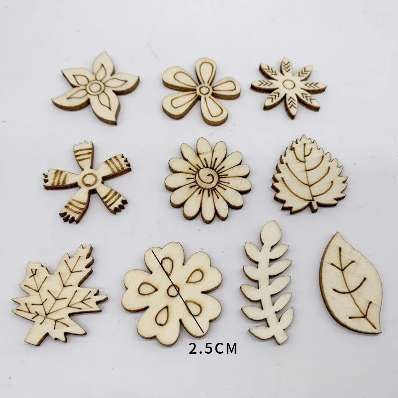 50PCS 2.5CM Wooden Flower and Leaf Pattern Cutouts for Crafts Mini Unfinished Wood Pieces for DIY Jewelry, Home Decor