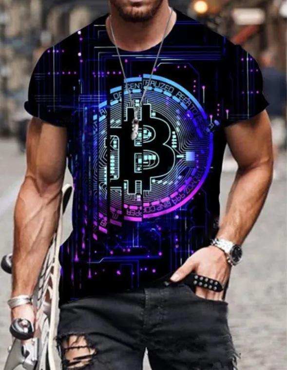 

Мужская футболка для мужчин, одежда унисекс, футболка с 3D-принтом Bitcoin, летние топы с коротким рукавом, модные повседневные футболки большого размера