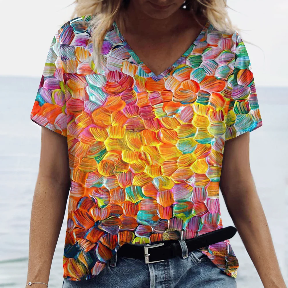 

Women's Oil Painting V-Neck Top Fashion 3d Printed Oil Painting Pattern T-Shirt Casual Daily Weekend Summer Short Sleeve T-Shirt