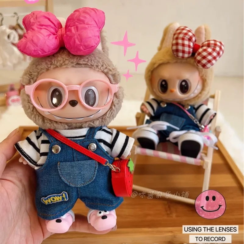 ل 17 سنتيمتر Labubu حزام فستان أطفال مع سروال داخلي كاوبوي وزرة الوردي نظارات Labubu الملابس Labubu الملابس ظهره قلادة إكسسوارات دمي #4