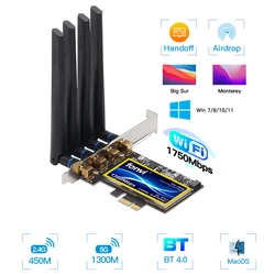 Fenvi 1750Mbps PCI-E Wireless WiFi Adapter Bluetooth 4.0 2.4G/5G Dual Band 802.11ac Free Driver For Mac OS/Hakintosh Desktop