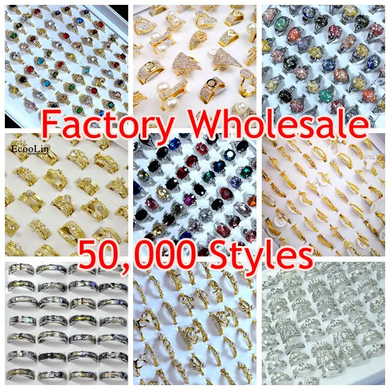 50Pcs /Lots Factory Wholesale Mix Style Vintage Silver Gold Plated Jewelry Rings Woman Size Female Jewelry Multiple Styles