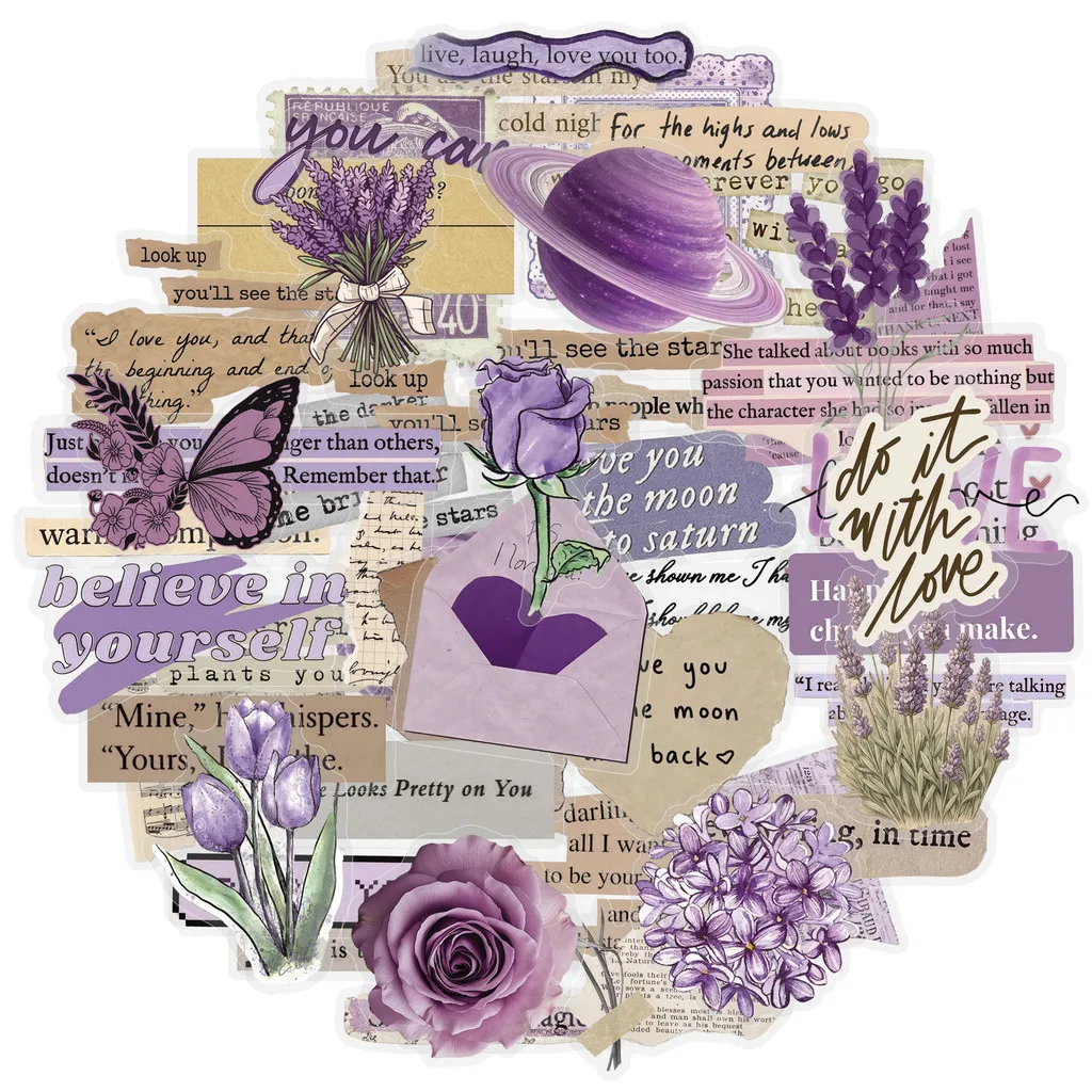 Vintage Purple English Letter PET Stickers 50pcs Aesthetic Graffiti Decals for Journal Stationery DIY RecordingYourLife Store
