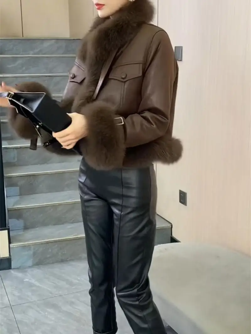 العصرية ort الفراء والجلود تصميم متكامل الشتاء ملابس خارجية الكورية Sle الرجعية المرقعة معطف خفيفة الوزن السيدات Jaet