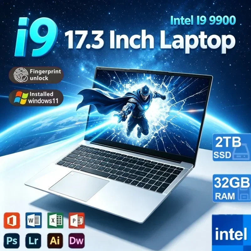 17.3 Inch Premium Notebook Win 11 Intel I9‑9900 32GB RAM 2TB SSD Fingerprint Lock Gaming Laptop For Student Office Daily Working