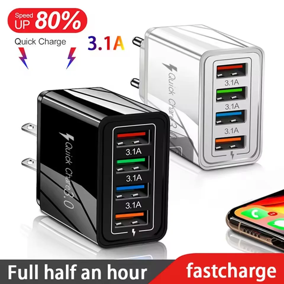 Cargador USB 3A de 4 puertos con carga rápida 3.0 para iPhone, Samsung, Xiaomi, Poco, adaptador de cargador de teléfono móvil con enchufe europeo y estadounidense.