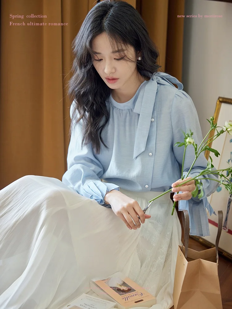 

Moriirose Blue Bell Sve irt Women's Autumn Vintage Long Sve Pleated Belted High Quali Polyester Blend French Sle