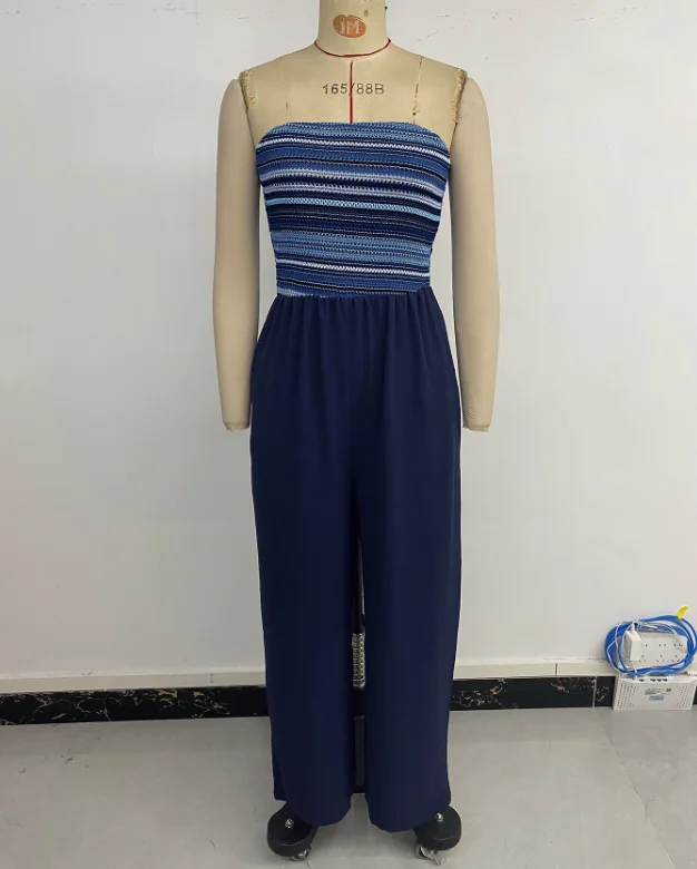 Jumpsuit Woman Summer Casual Jumpsuit Strapless Elastic Splicing Striped Printed Casual High Waisted Slim Fit Wide Leg Jumpsuit