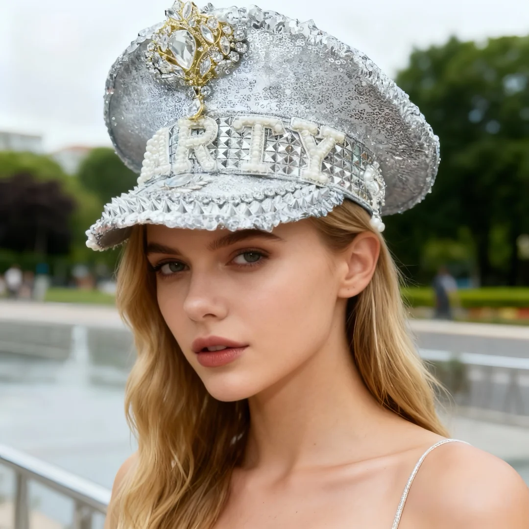 

HongLuan блестящая серебристая диско-музыкальная шляпа капитана со стразами для карнавала, рейв-фестиваля, аксессуары и вечерние шляпа для женщин