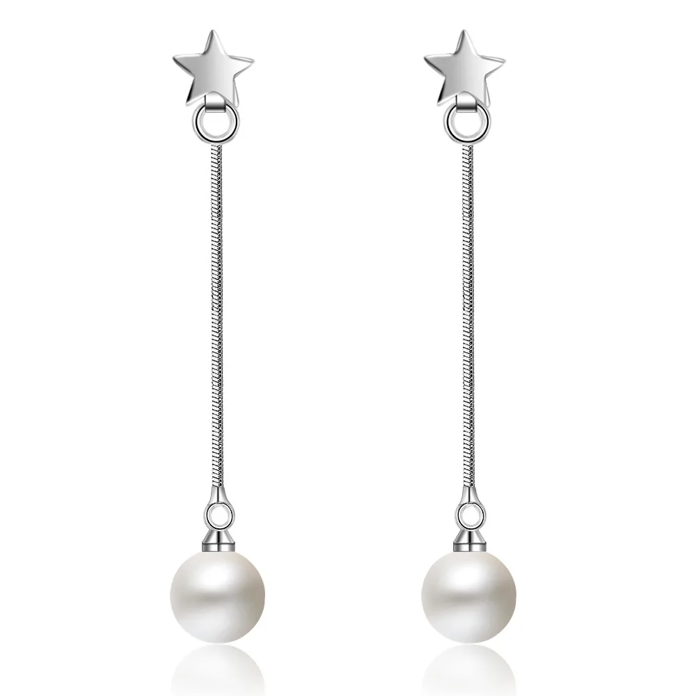 

925 Sterling Silver Earrings Long Pentacle Pearl Zircons Ball Earrings Ladies Fashion Simple Birthday Party Wedding Jewelry Gift