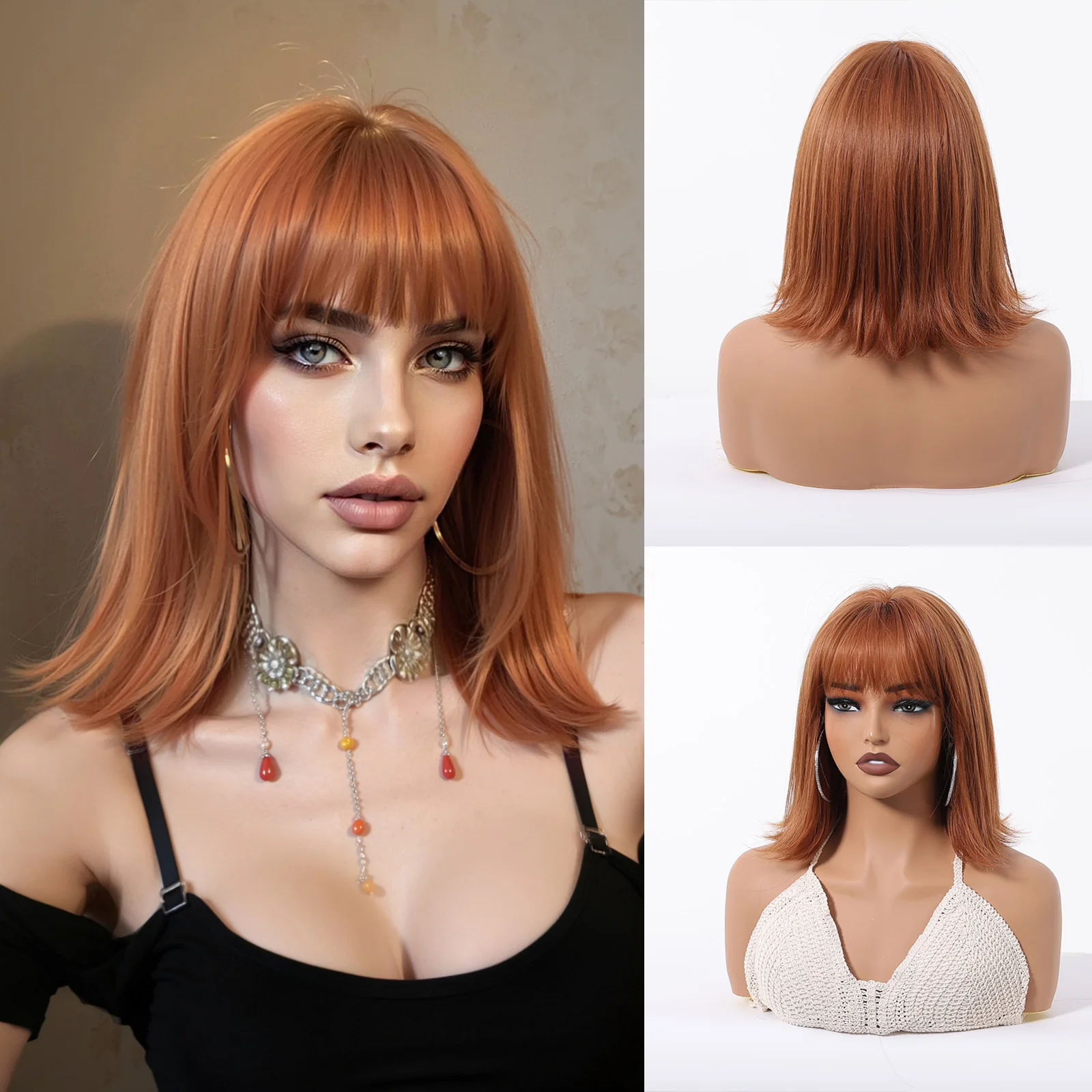 Short Straight Wigs Dirty Orange Wig Shoulder Length Layered Synthetic Fake Hair With Bangs Daily Party for Women Heat Resistant
