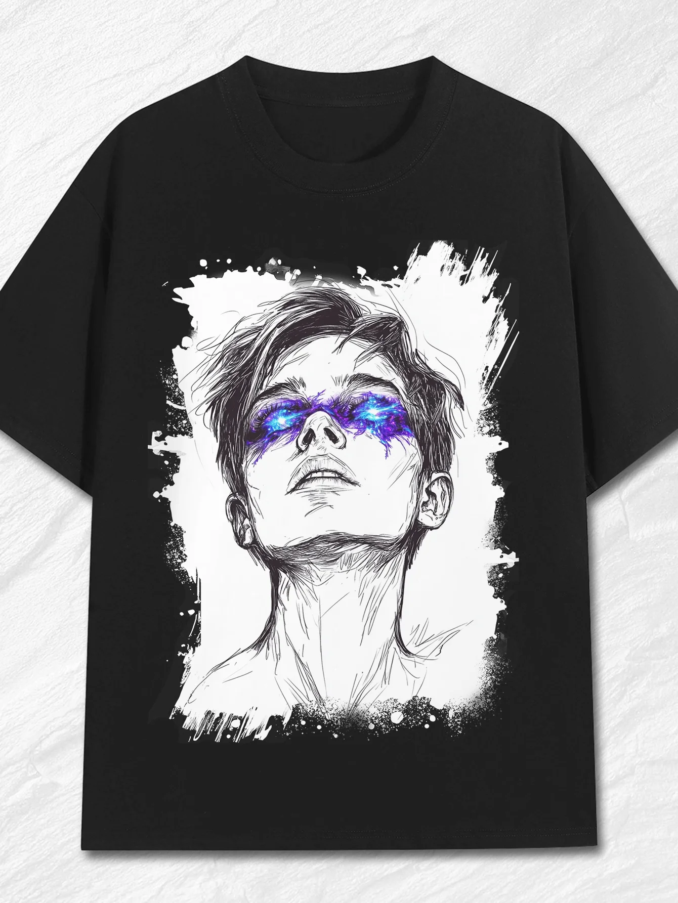 Blue Sketch Graphic Print Summer Men's and Women's Short Sleeved T-shirt Casual Loose Outdoor Street Trend Fashion Clothing