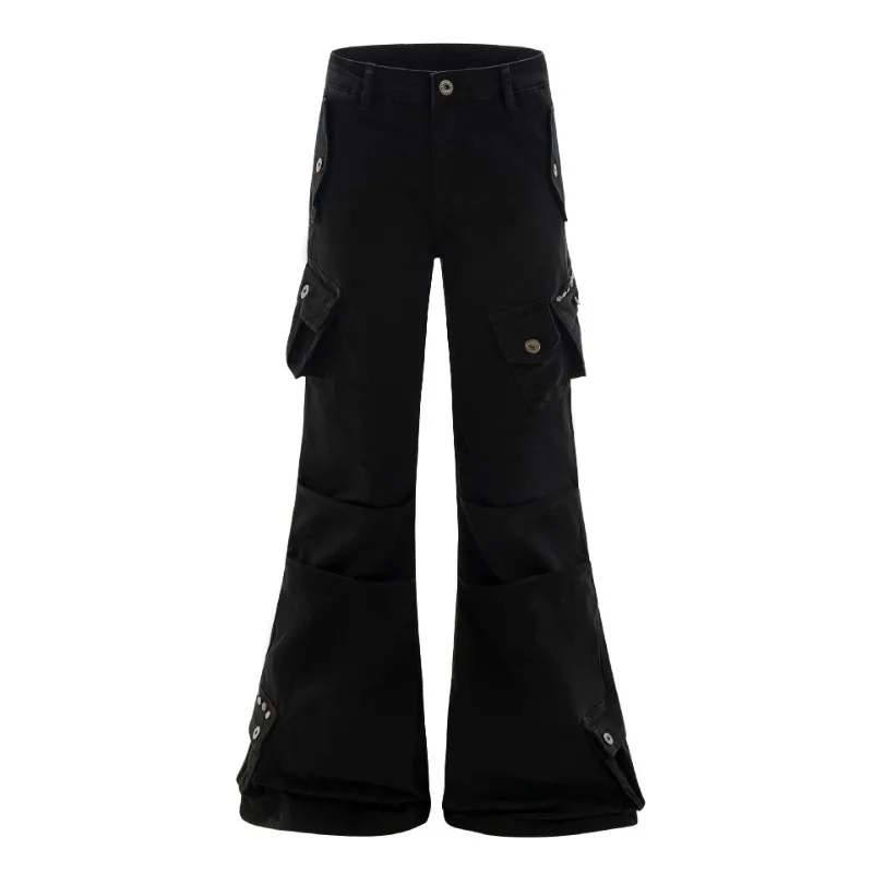 OR FL American Retro Y2k Micro 98 Cotton Women Cargo Trousers Double Layer Fold Design Sense Horn Wide Leg Pants Women's Slacks