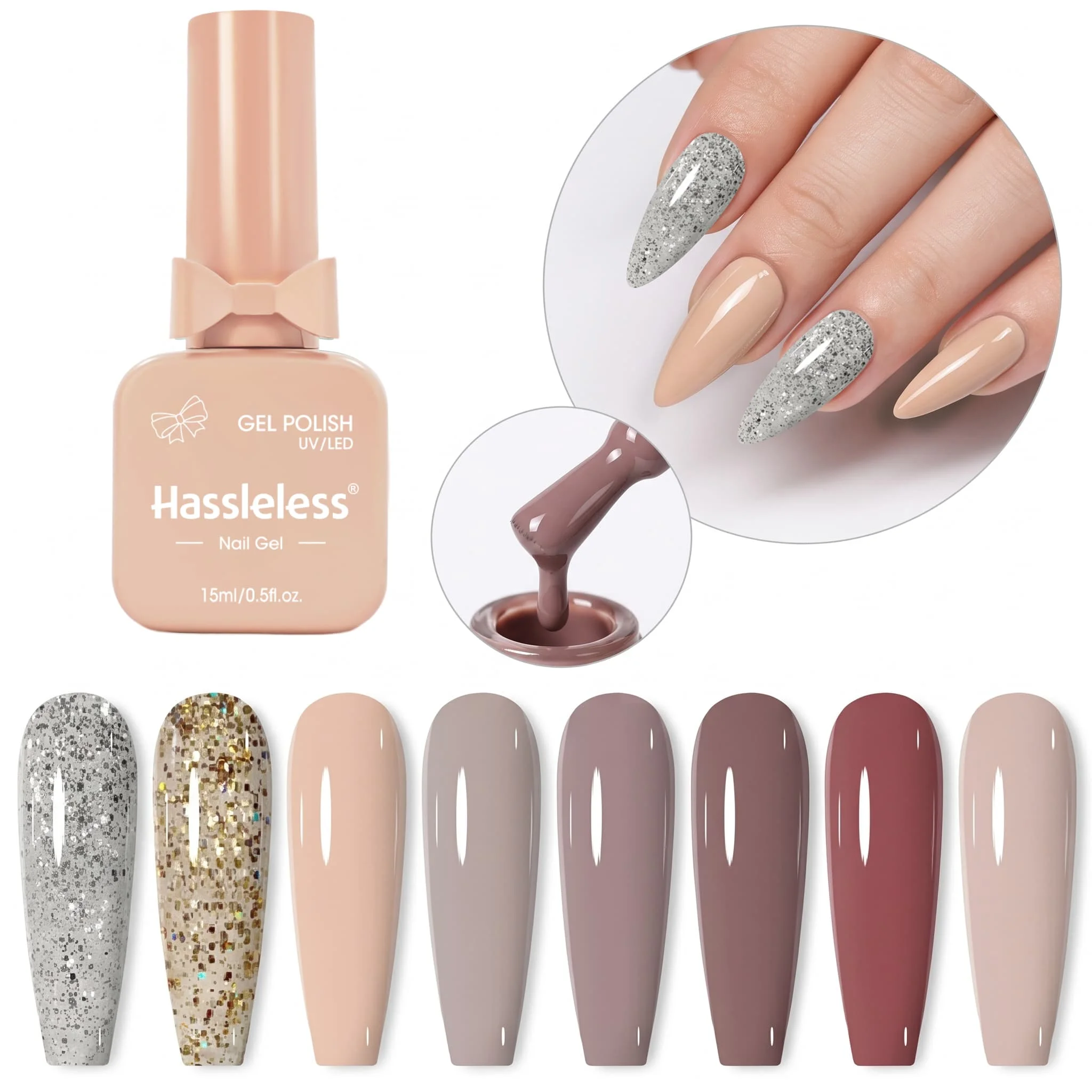 Hassleless 8-piece nail polish set, with a glossy mirror effect and a premium matte texture, applies smoothly and evenly, offers long-lasting color that is not prone to chipping