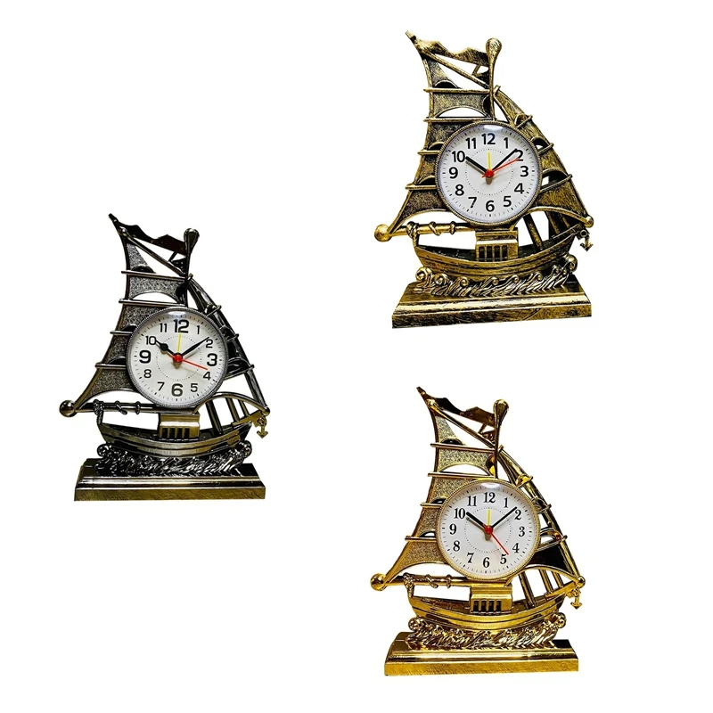 Clock Alarm Sailboat Table Vintage Retro Model Ornament Nautical Desk Clocks Boat Figure Silent Bedside,Gold Durable Easy To Use