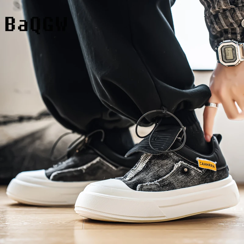 

Thick Sole Zipper Denim Hook and Loop Strap Frayed Casual Fashion Platform Sneakers Comfy Walking Shoes for Men and Women Daily