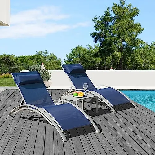Domi Lounge Chair Set of 3, Aluminum Lounge Chairs for Outside with 5 Adjustable Positions, Chaise Lounge Outdoor for