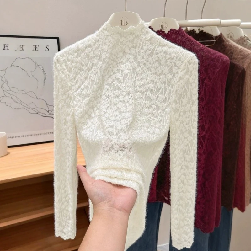 Women's Elegant Half Turtleneck Lace Base Layer Top Brushed Thick Slim Fit Inner Wear High Sense Blouse Fashionable Layering Top view 4